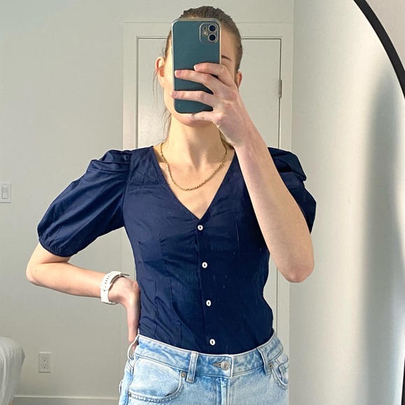 French Connection - NWT - Indigo Armina Oeganic Poplin Puff Sleeve - Size 4 - Picture 2 of 4